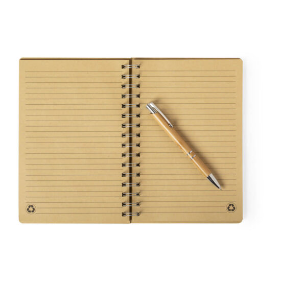 Bloco de notas A5 pautado de bambu e papel reciclado com caneta
