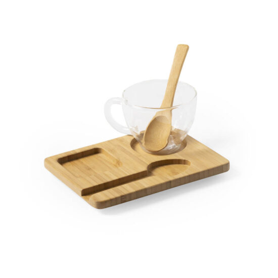 conjunto de chávena de vidro com colher e tabuleiro de bambu