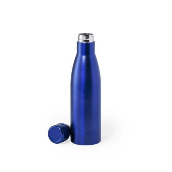 garrafa térmica azul de aço inoxidável aberta