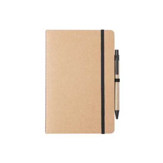 caderno a5 preto com capas de cartão reciclado e caneta de palha de trigo