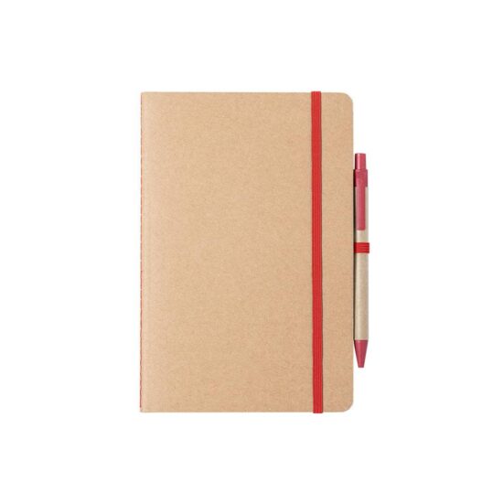 caderno a5 vermelho com capas de cartão reciclado e caneta de palha de trigo