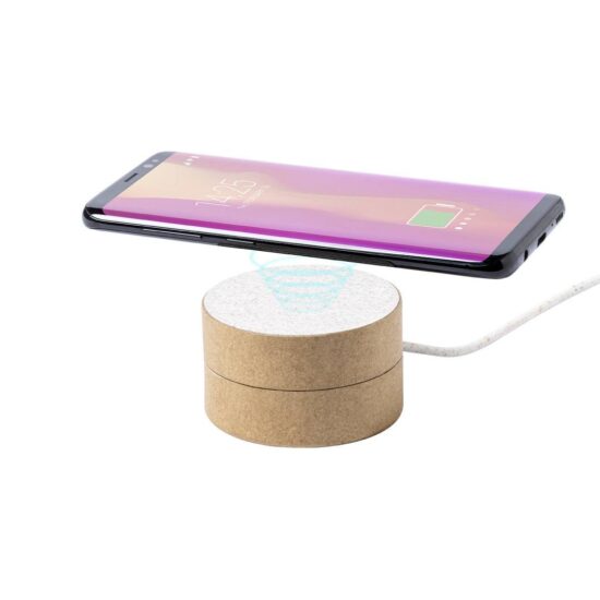 carregador wireless de cartão reciclado e palha de trigo com smartphone