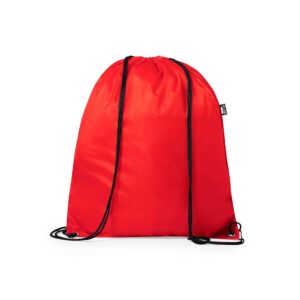 mochila de rpet vermelha com alças em cordão cheia