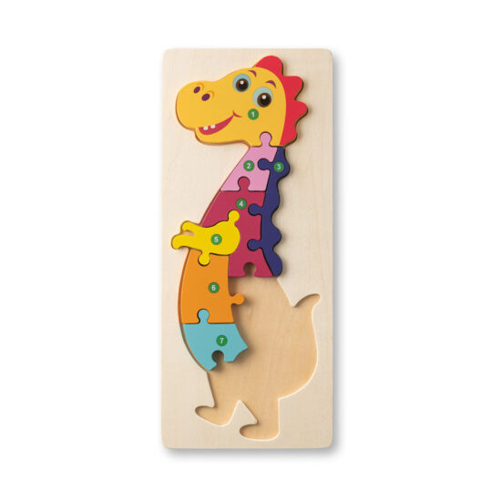 puzzle com figura de dinossauro em madeira colorido