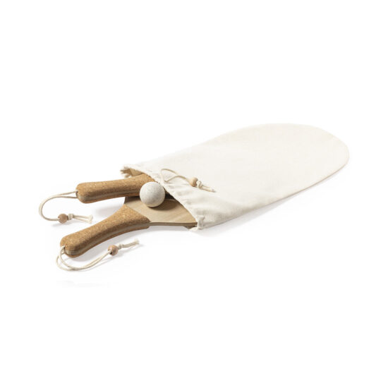 raquetes de praia em madeira e cortiça acondicionadas em bolsa de algodão