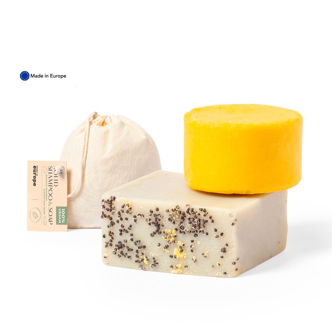Conjunto vegano com sabonete e champô sólidos veganos