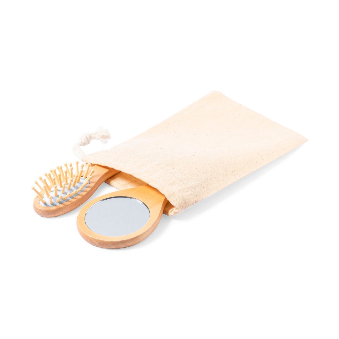 Kit saco de algodão, escova e espelho de madeira personalizáveis