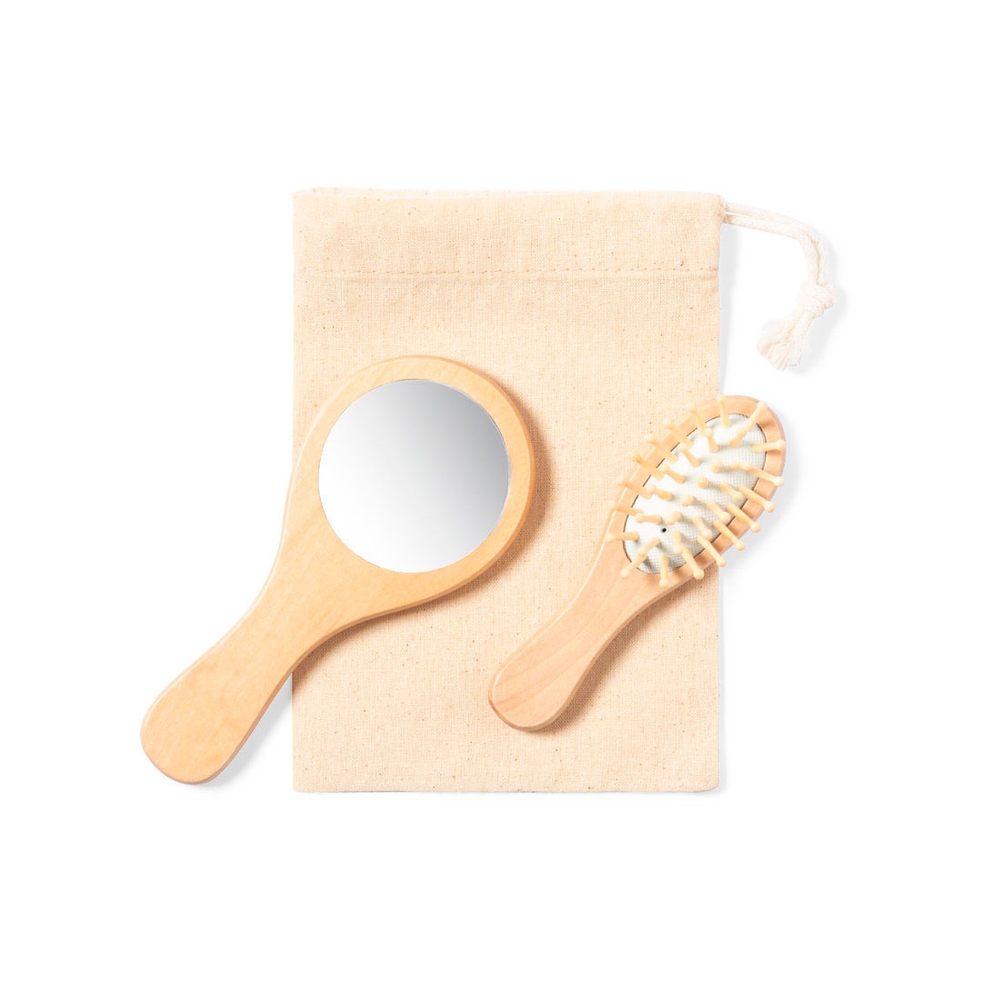 Kit saco de algodão, escova e espelho de madeira