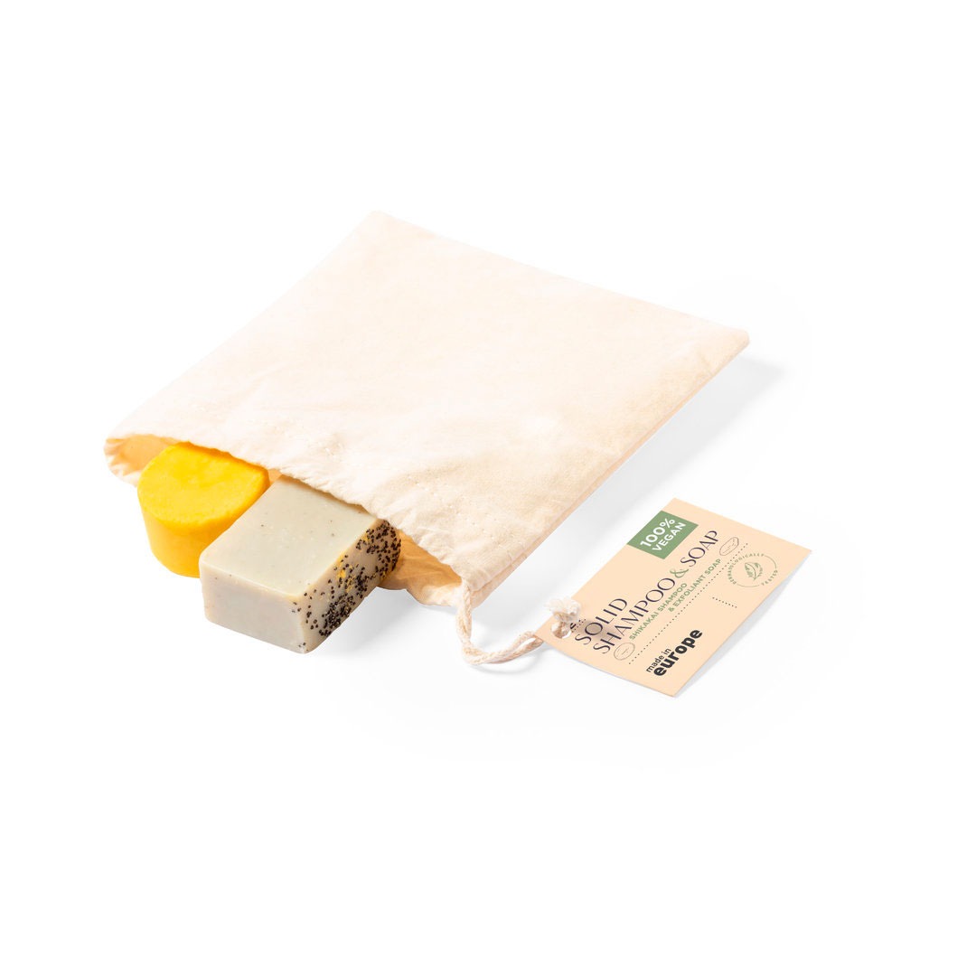 Saco de algodão personalizável com Kit Champô e sabonete