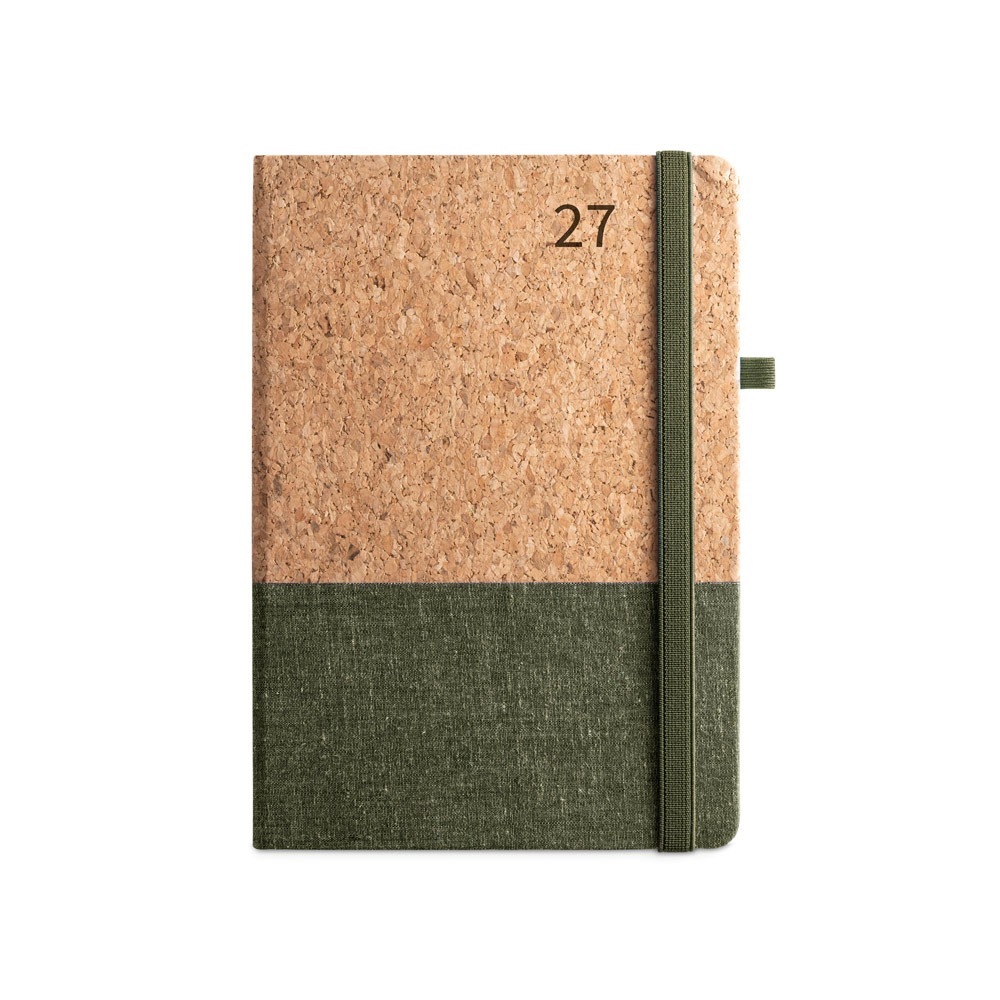Agenda de cortiça e linho personalizável 2027 verde