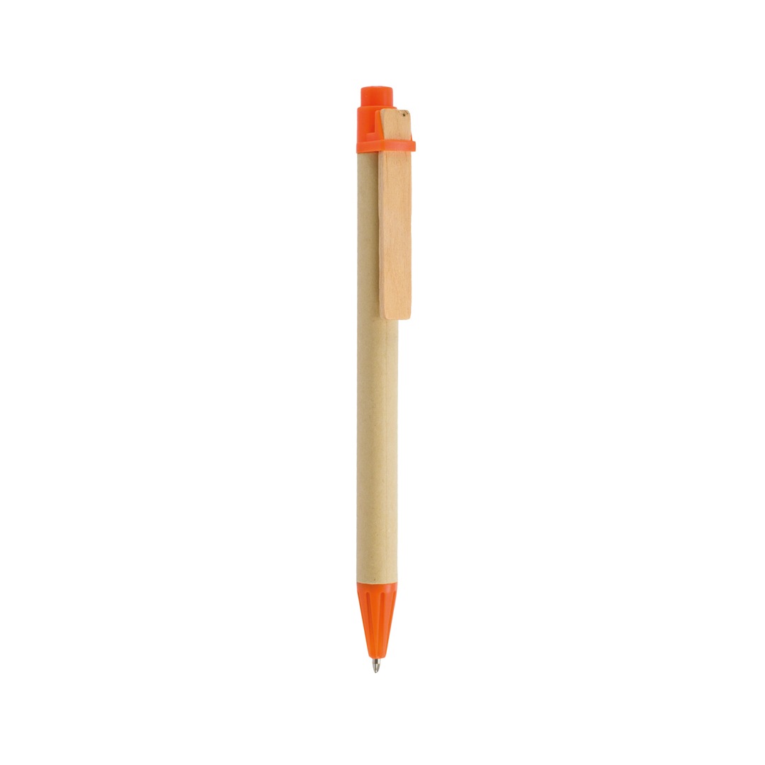 Caneta personalizável de cartão reciclado com clip em madeira laranja