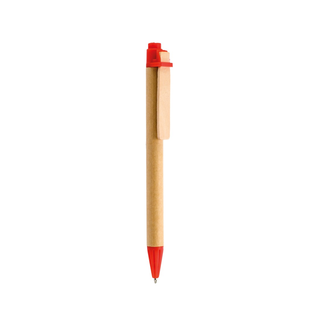 Caneta personalizável de cartão reciclado com clip em madeira vermelho