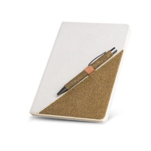 Kit bloco de notas com esferográfica em algodão reciclado e chá elegante