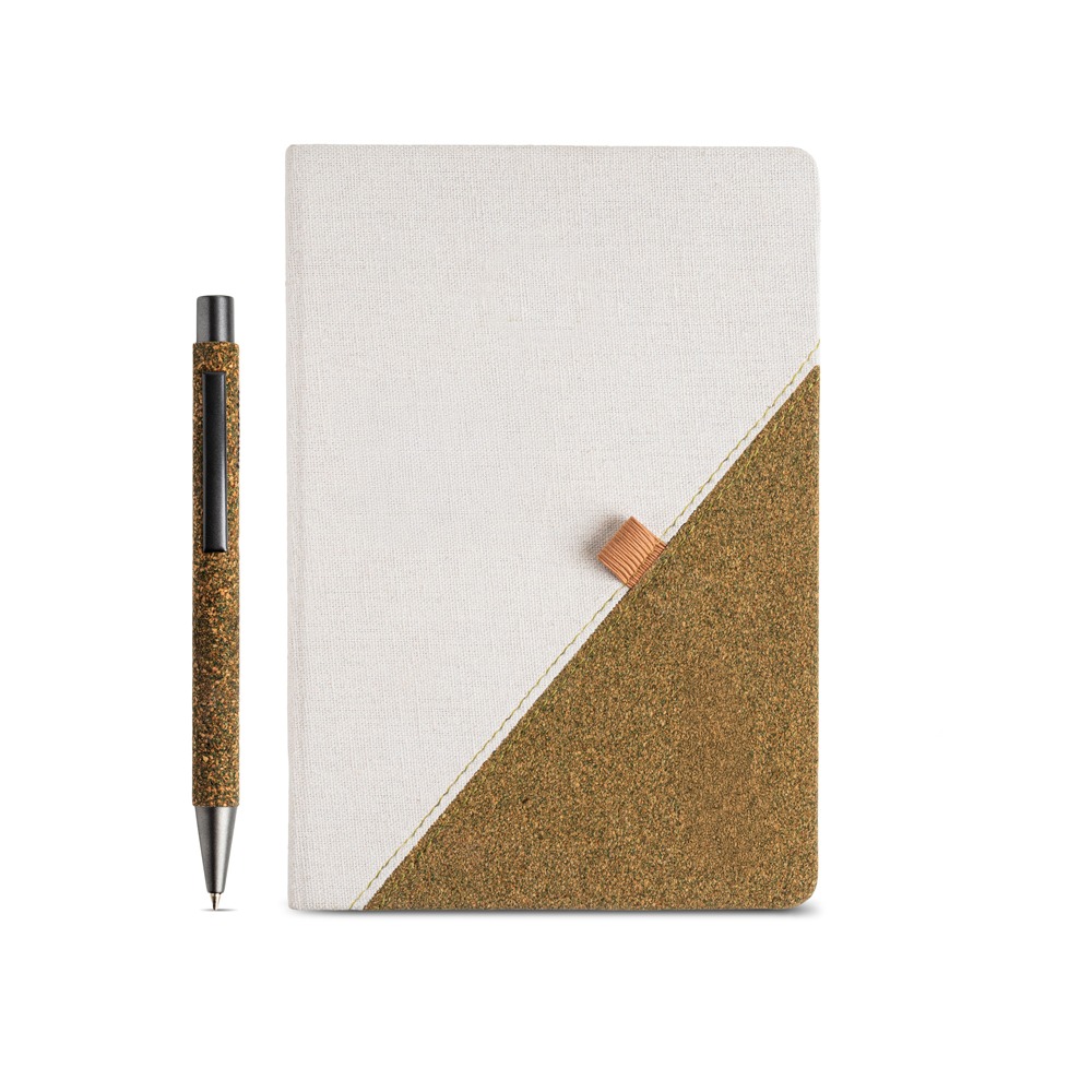 Kit bloco de notas com esferográfica em algodão reciclado e chá