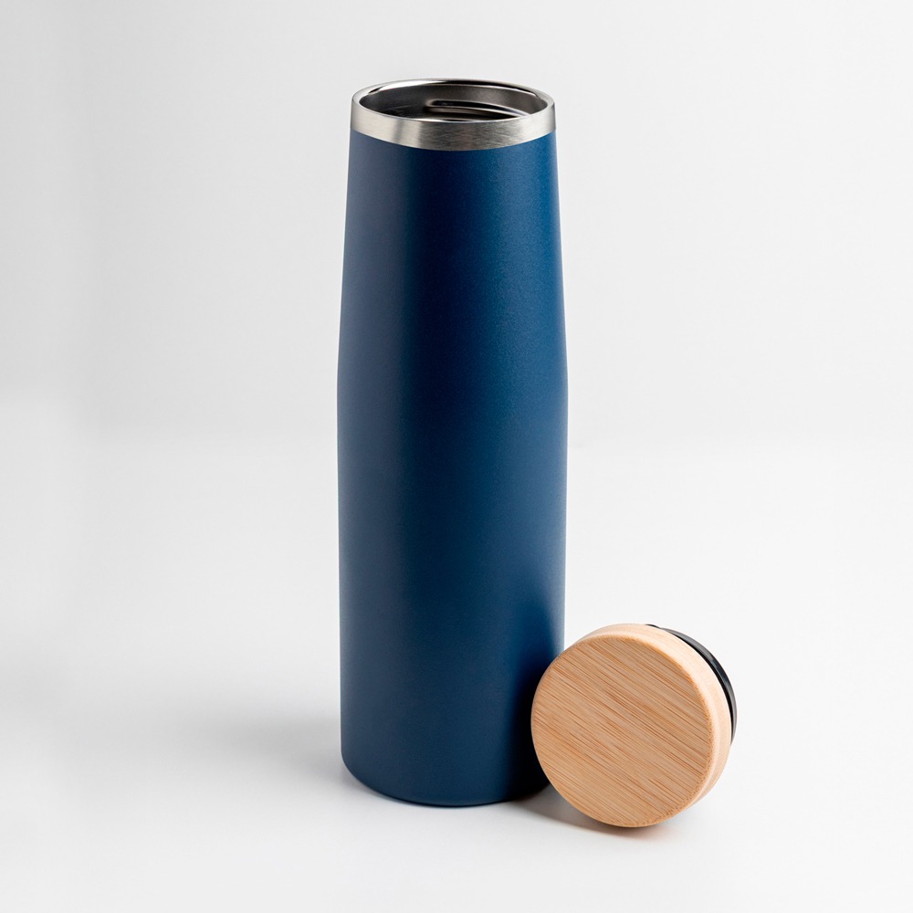Garrafa personalizável de aço inox e tampa de bambu com 550ml de capacidade