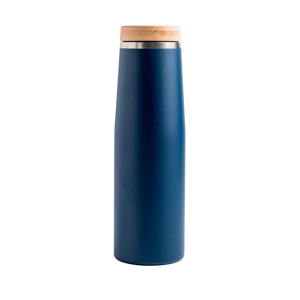 Garrafa personalizável de aço inox e tampa de bambu azul marinho