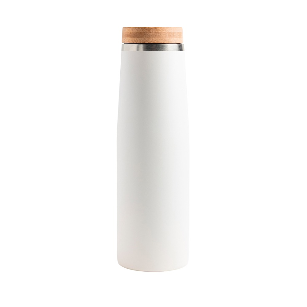 Garrafa personalizável de aço inox e tampa de bambu branco